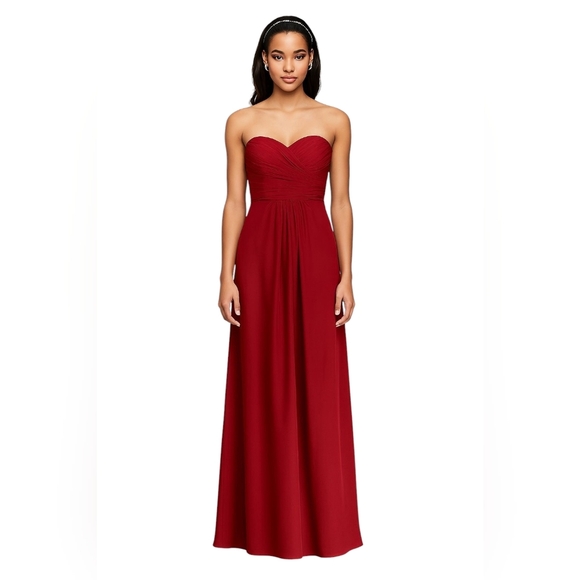 Davids Bridal Long Strapless Chiffon Dress w/Pleated Bodice Apple Red size 8 NWT - Picture 1 of 11